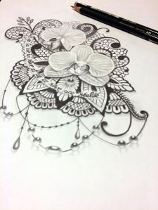 Sexy orchids tattoo with lace and pearls for woman by Maingriz.com