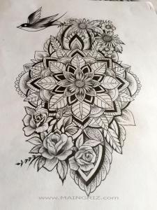 Sexy mandala tattoo with roses and sunflowers for woman by Maingriz.com