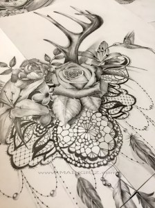 Sexy rose tattoo with lace, pearls and feathers for woman by Maingriz.com