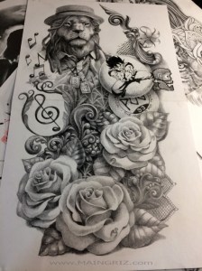 custom sleeve tattoo design with Lion, roses, lance and pearl created by maingriz.com