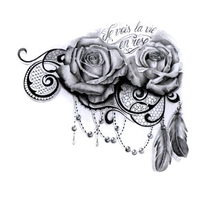 2 sexy realistic roses tattoo design for woman with lace, feathers and pearls for woman created by Maingriz.com