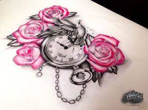 Rose with clock tattoo for woman created by Maingriz.com