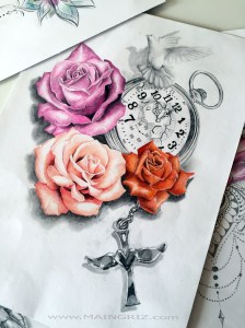Three roses tattoo design with clock, dove and cross for woman created by Maingriz.com