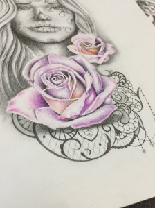 Pink rose tattoo design with lace and pearls for woman created by Maingriz.com