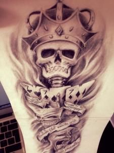 custom black and grey sleeve tattoo with skull, cards and smile now cry later masks created by Maingriz.com